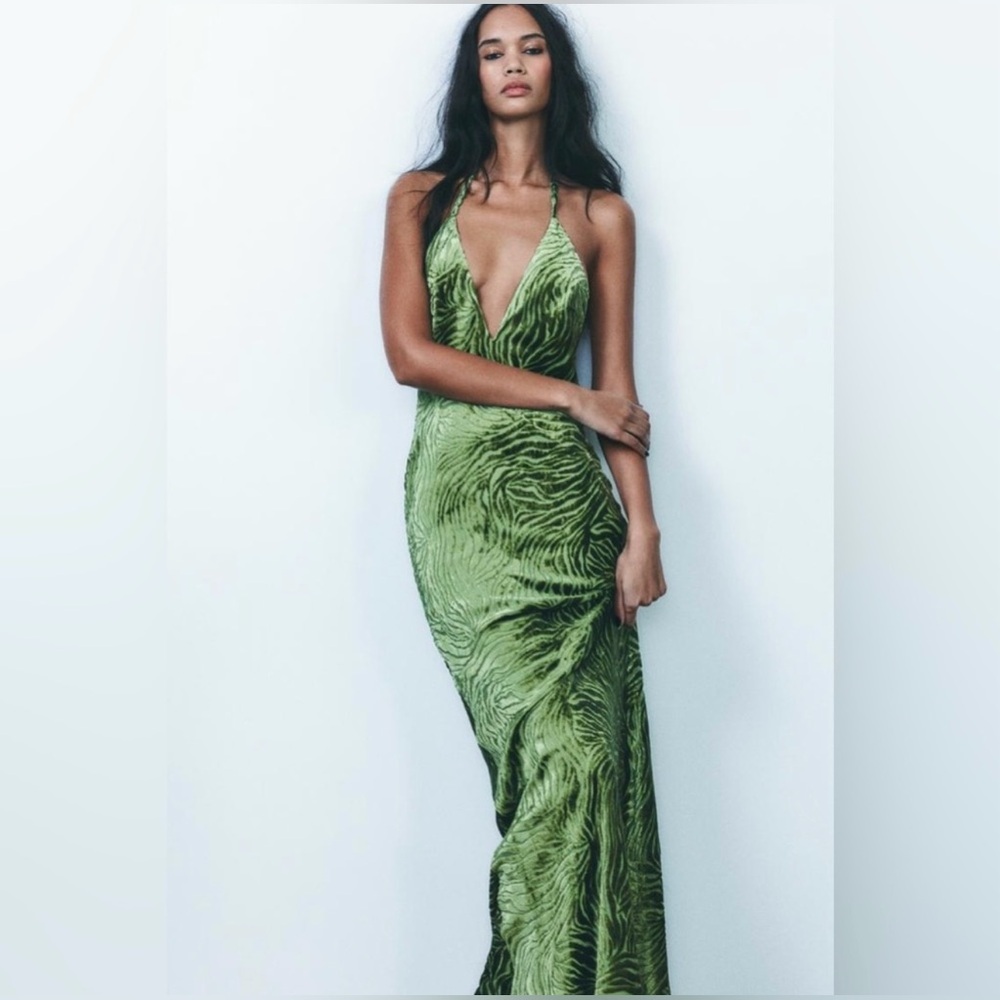 Zara Green Burnout Velvet Plunge Halter Maxi Dress BNWT